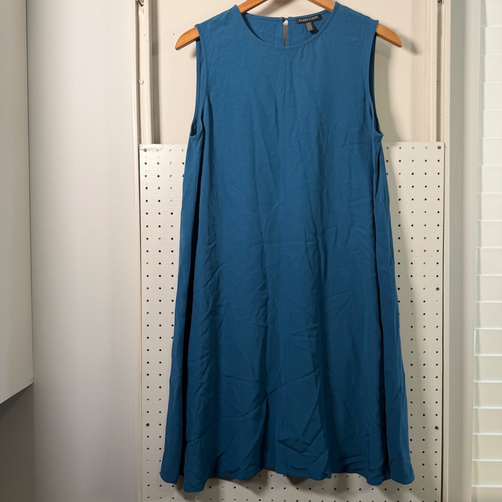 Eileen Fisher Teal Blue Tencel Viscose Sleeveless Shift Dress XS swing comfy